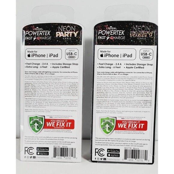 Set of 2 Liquipel Powertek Neon Fast Charge Apple Cable USB-C to Lightning - Picture 2 of 3